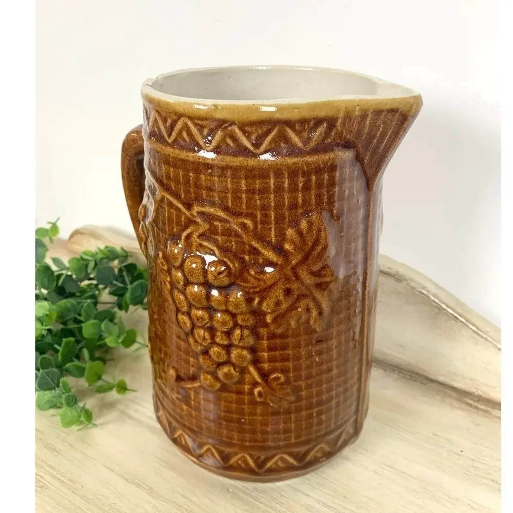 Antique North Star Stoneware Pitcher Brown Glaze Jug Vase Rustic Cottagecore